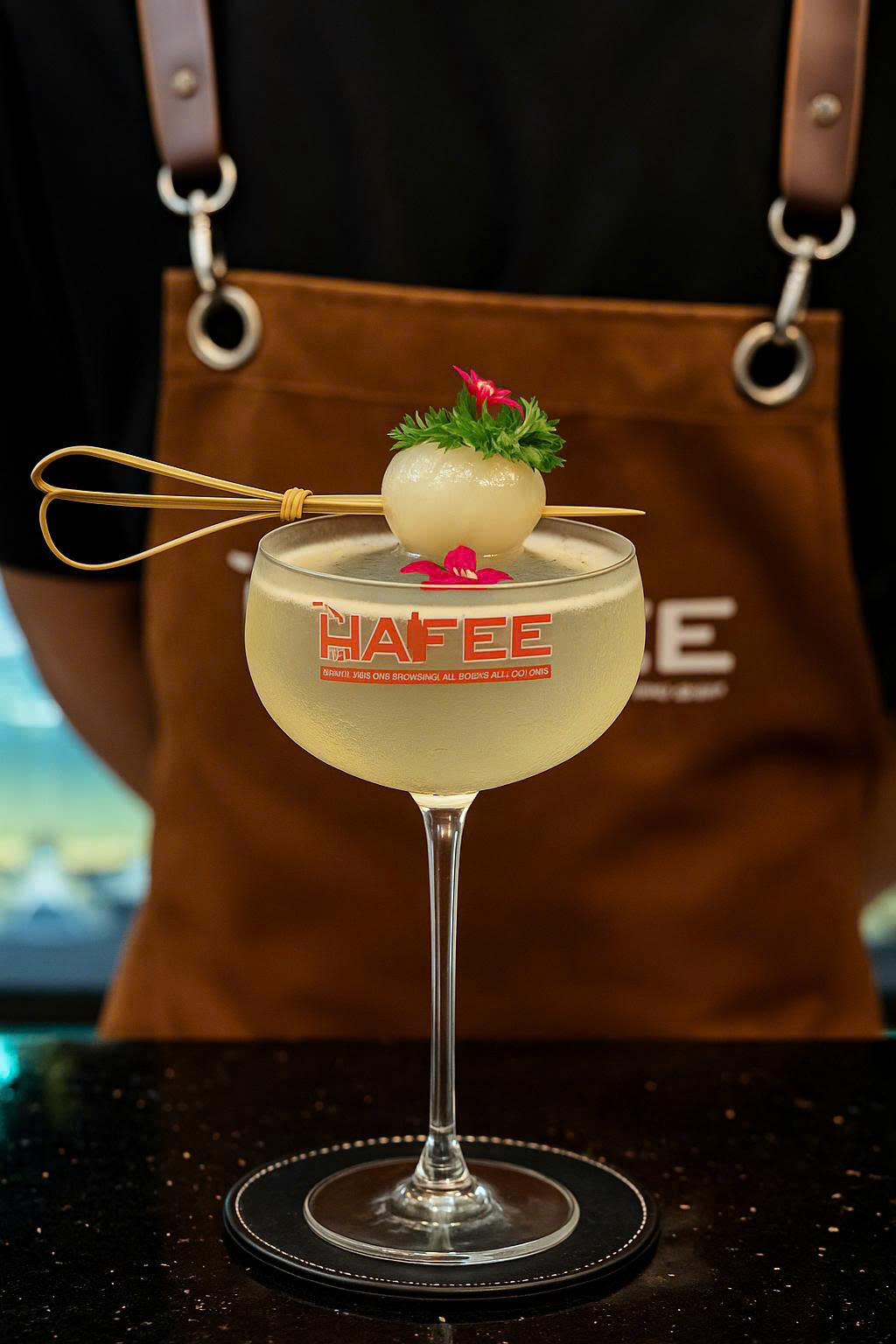 Ly cocktail tinh tế với garnish trái vải và hoa tươi, thể hiện sự sáng tạo của bartender.