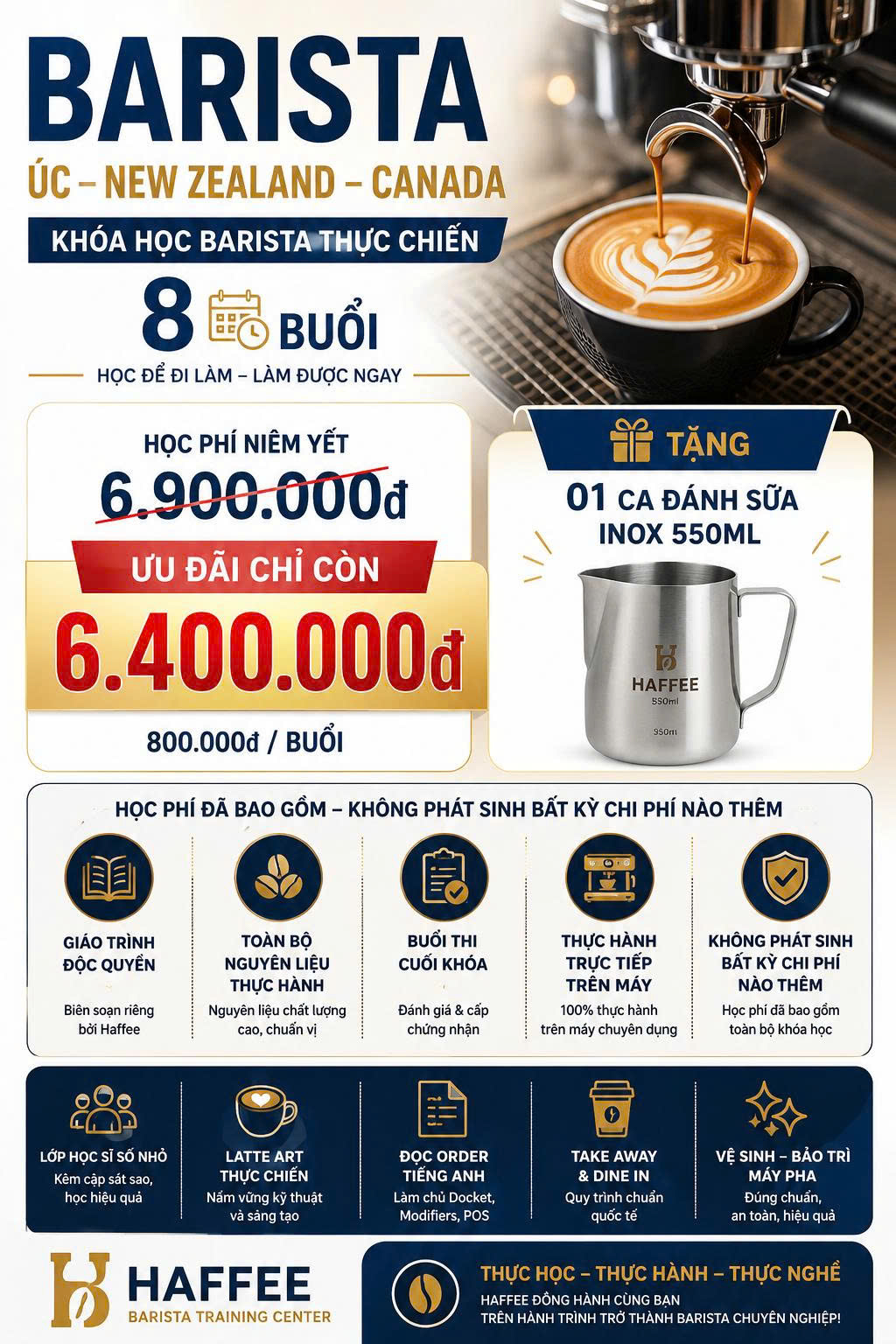 Khóa Barista Úc tại Haffee ưu đãi chỉ 6.400.000 đồng, giúp du học sinh học nghề bài bản