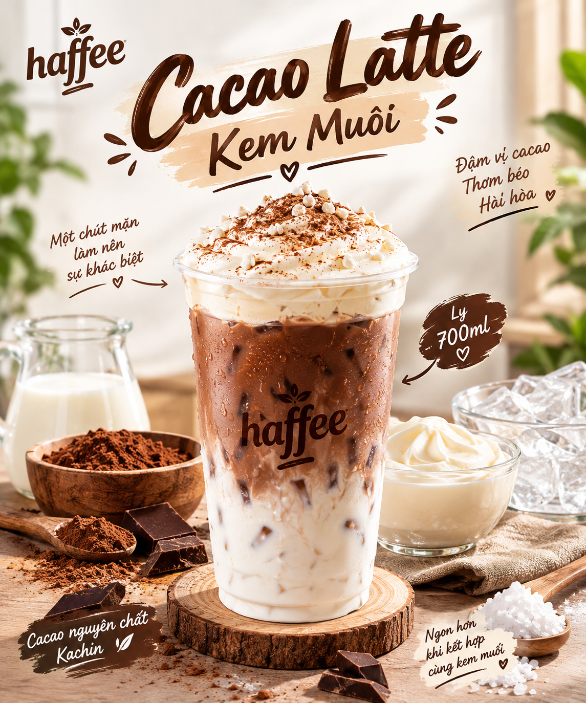 Cacao Latte Kem Muối kết hợp cacao đậm đà với kem muối béo mịn, tạo điểm nhấn cho menu quán cà phê