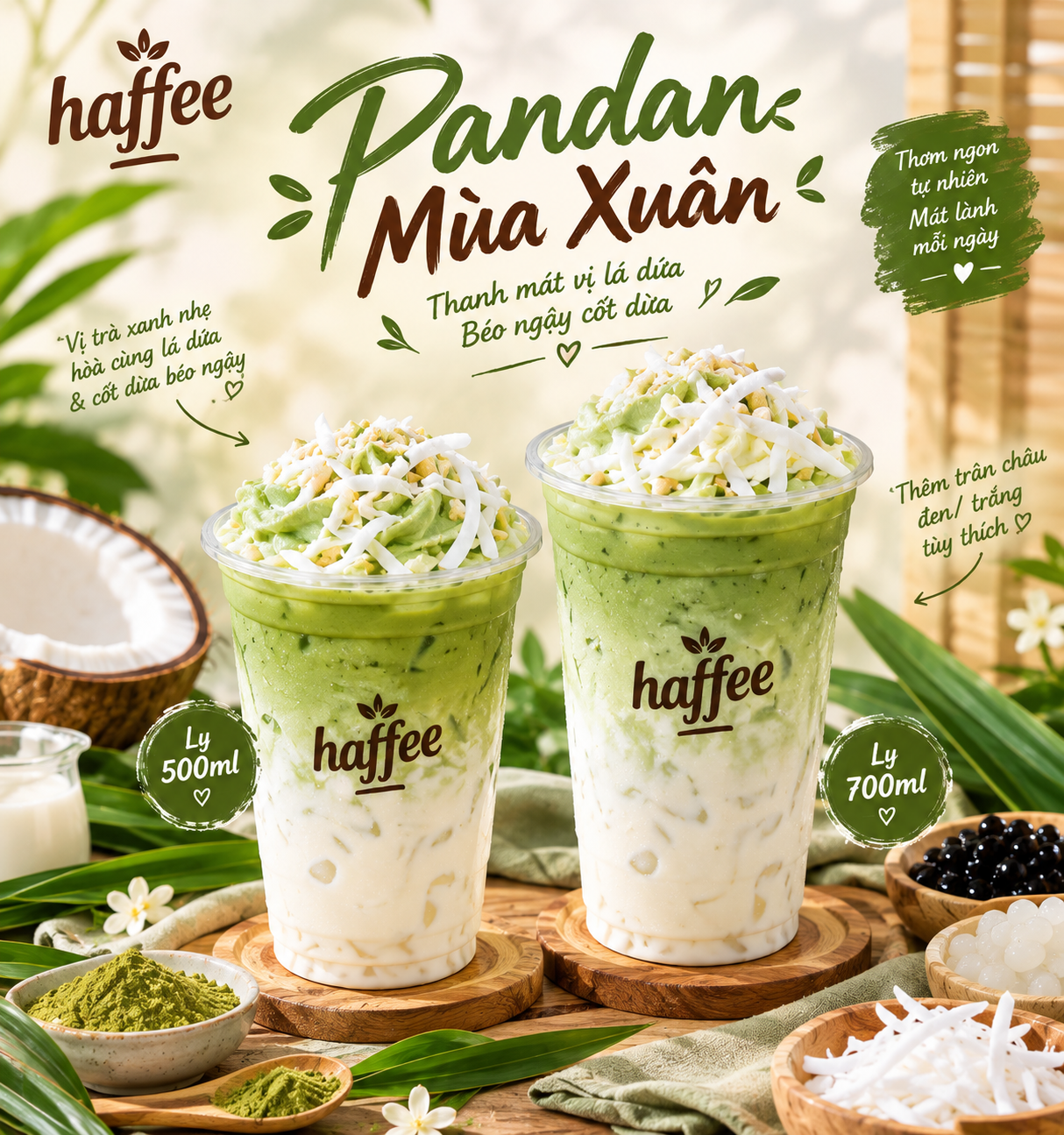 Pandan Mùa Xuân kết hợp trà xanh, lá dứa, cốt dừa và trân châu, tạo nên ly nước nhiều tầng hấp dẫn