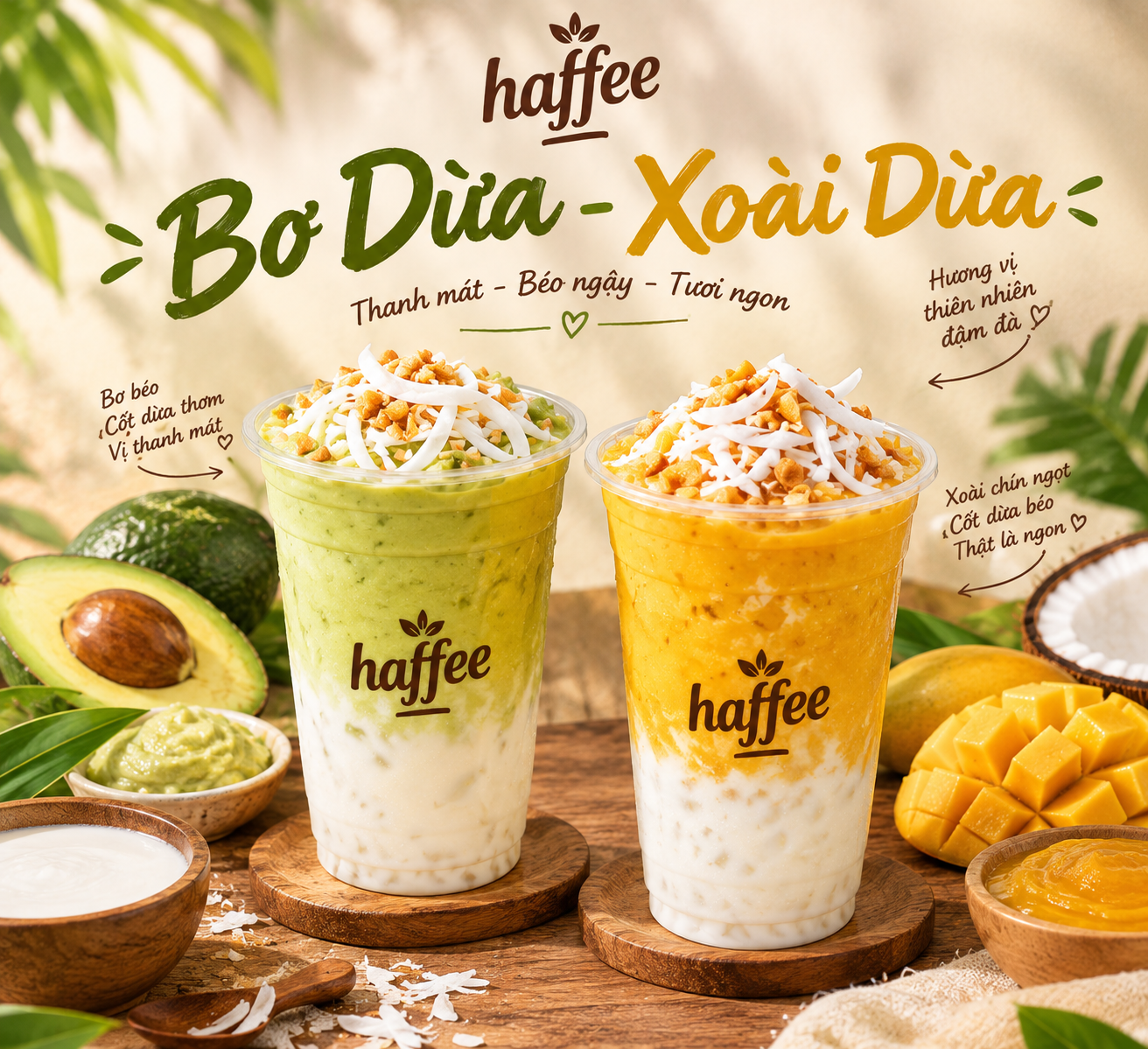 Sinh tố Bơ Dừa , xoài dừa kết hợp vị béo bùi của bơ với cốt dừa thơm ngậy, tạo kết cấu sánh mịn, màu đẹp mắt